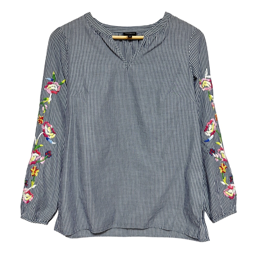 Talbots Floral Embroidered Striped Blouse Tunic Womens XS Boho Lightweight Top